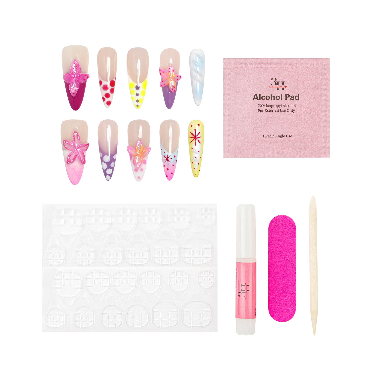 Handmade press-on nails in a garden flutter design by 3H Nails, showcasing a delicate floral pattern on natural nail tips.