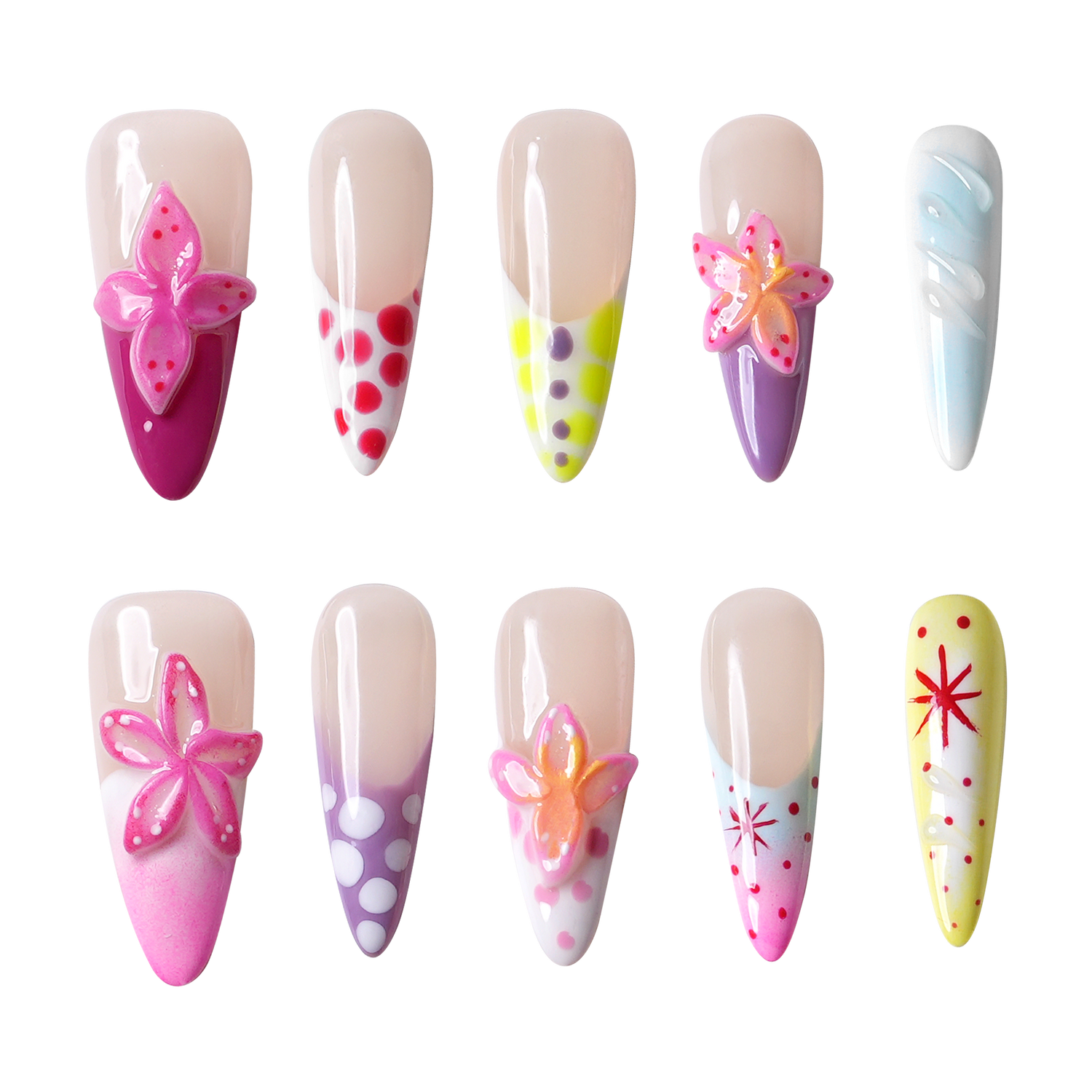 Ten false press-on nails arranged in two rows on a plain white background. The nails have a glossy nude base and various colorful decorative designs including pink flowers, polka dots, stripes, and starburst patterns.