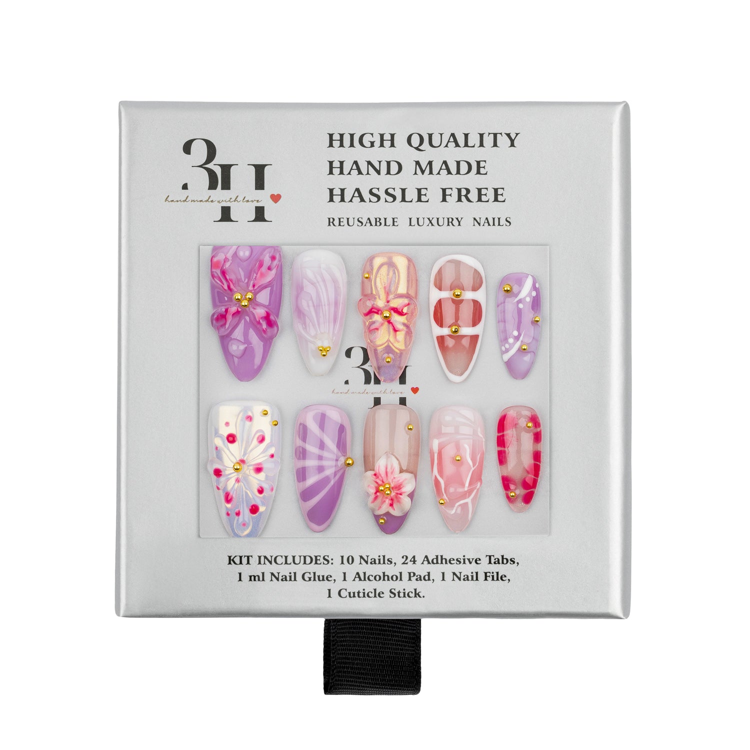 A 3H brand hand-made luxury nail kit in its original packaging, featuring 10 reusable press-on nails in pink, purple, and white designs with gold bead accents, along with adhesive tabs, nail glue, an alcohol pad, a nail file, and a cuticle stick.