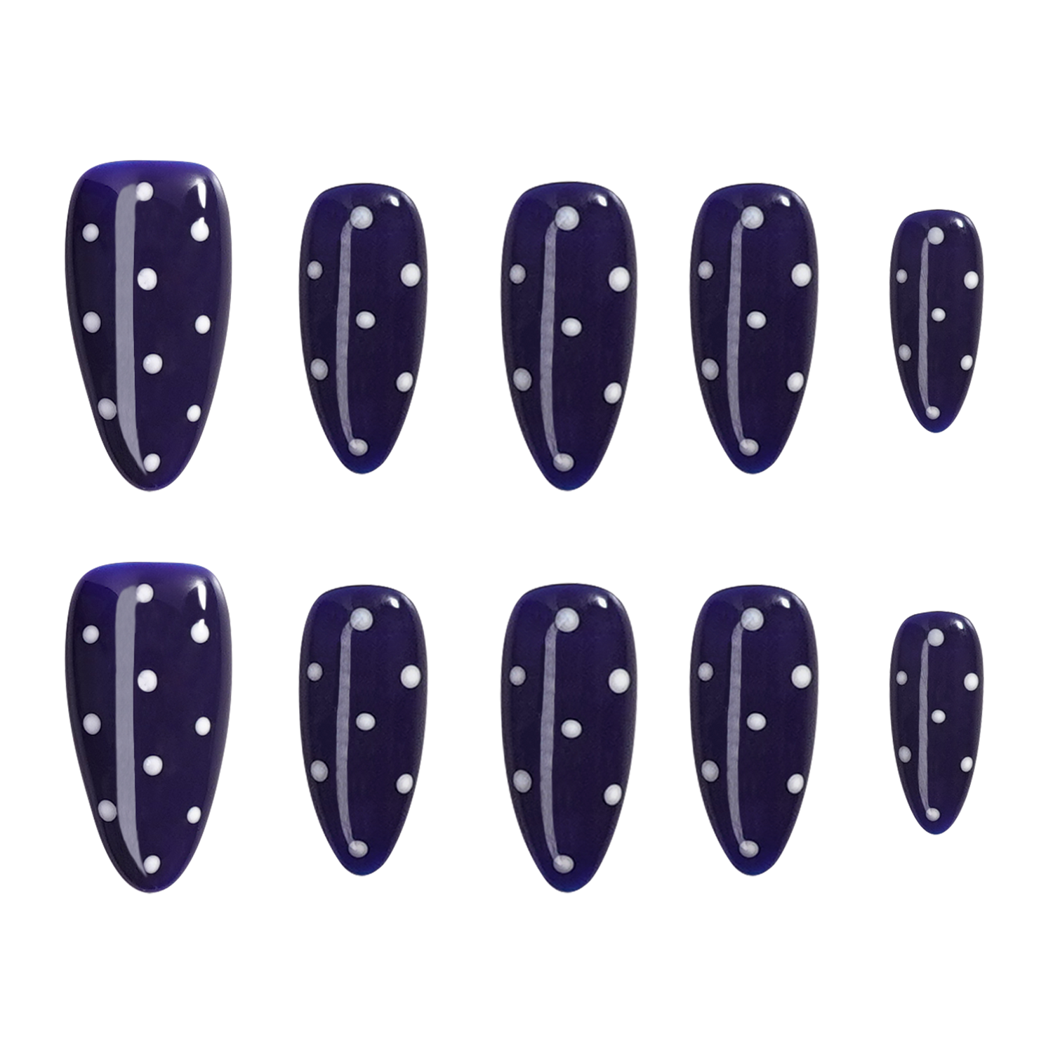 A set of ten dark navy blue press-on nails with white polka dots and white vertical accent lines, arranged in two rows of five on a plain white background.