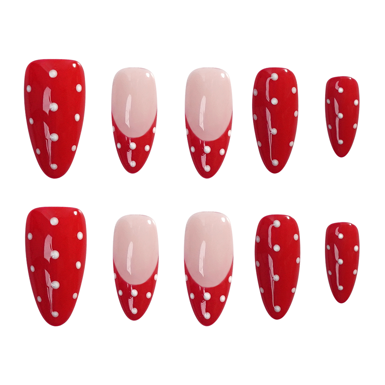 Ten artificial press-on nails arranged in two rows on a plain white background. The nails have a glossy red base with white polka dots and white decorative line details, with two nails featuring a pale pink French tip design.