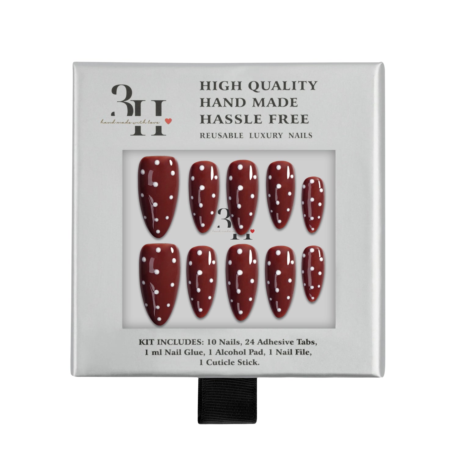 Handmade 3H Nails Latte Dots press-on nails in a box, showcasing the stylish nail design and natural finish.