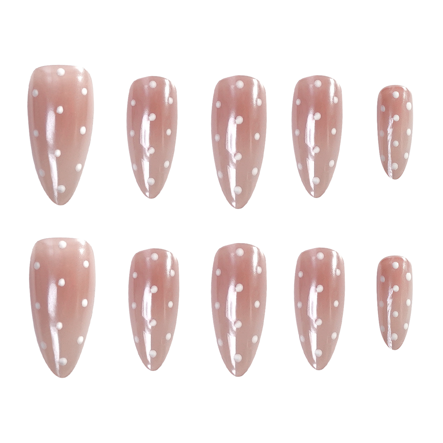 Ten almond-shaped press-on nails arranged in two rows of five on a plain white background. The nails have a glossy dusty pink base with small white polka dots.