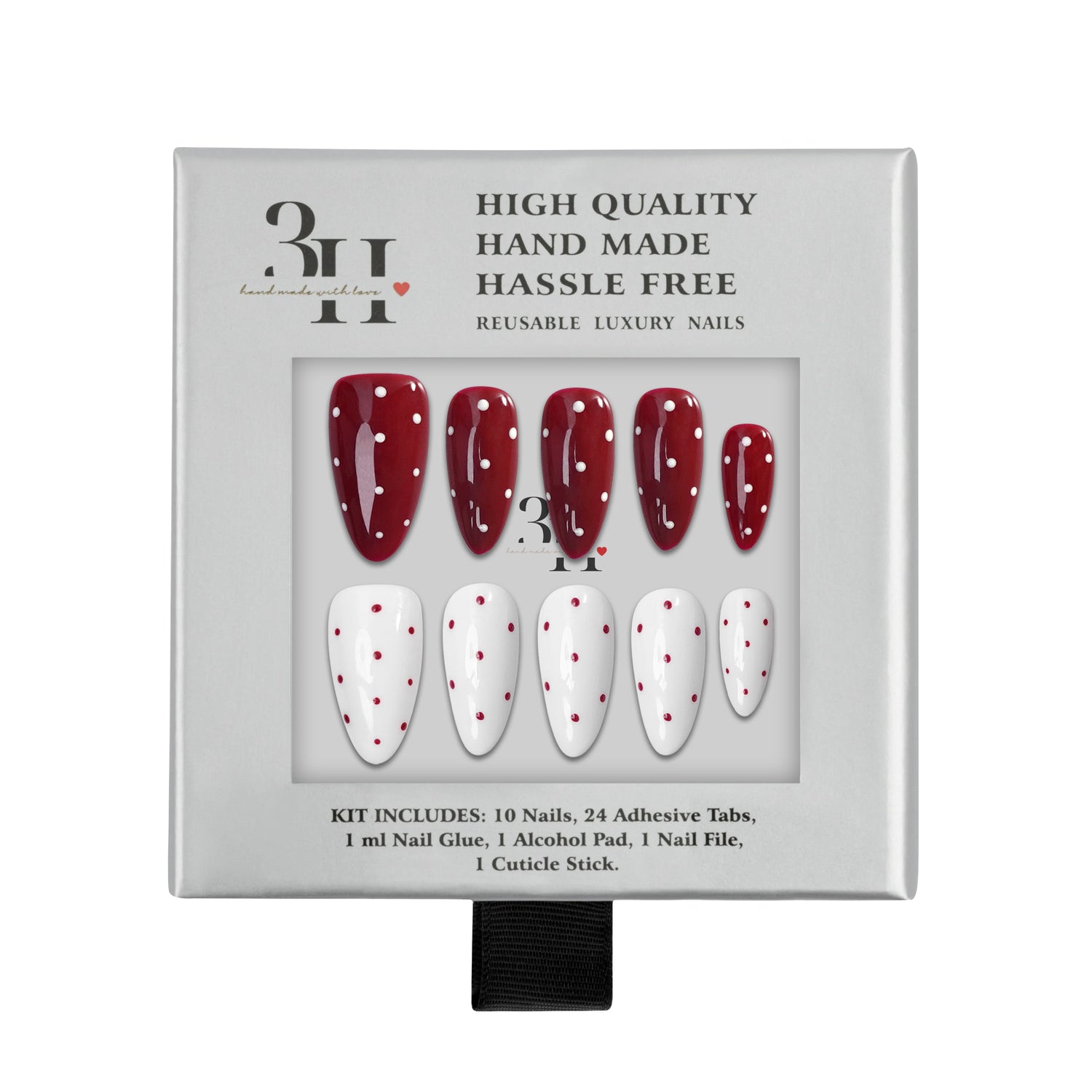 Handmade 3H Nails Babe Watch press-on nails in a box, showcasing a stylish and elegant nail design for easy application.