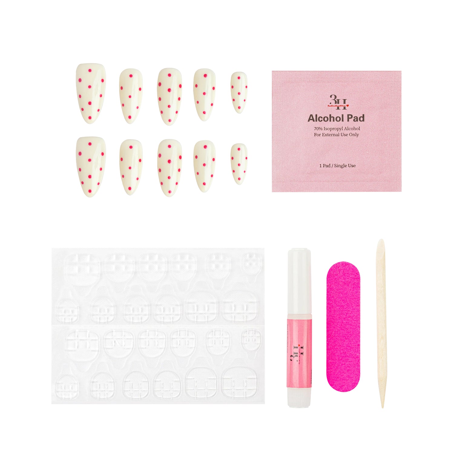 Handmade press-on nails with flamingo pink design by 3H Nails, showcasing a stylish, glossy nail set.
