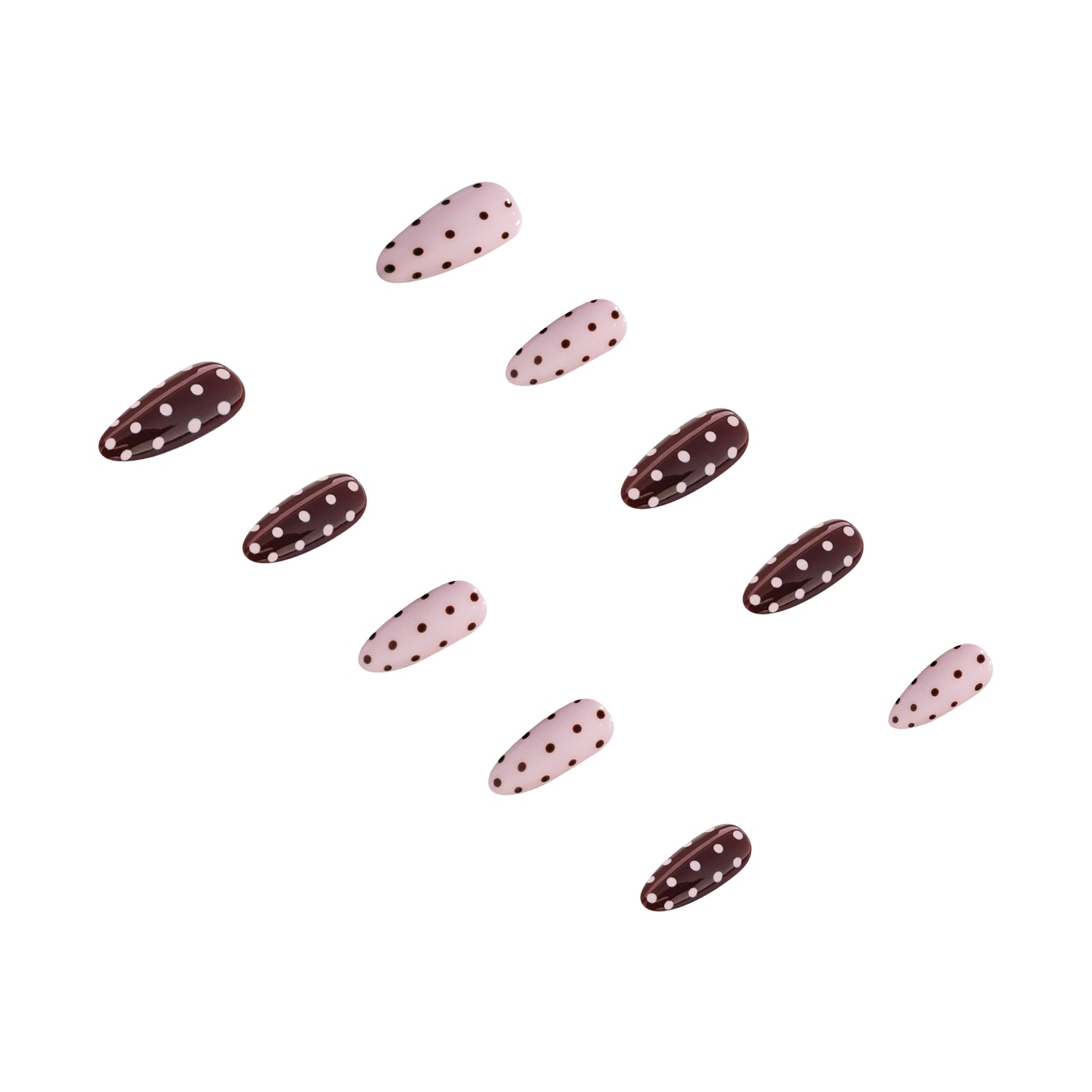 Handmade press-on nails in cocoa blush by 3H Nails, angled view showcasing smooth, glossy finish and natural nail shape.