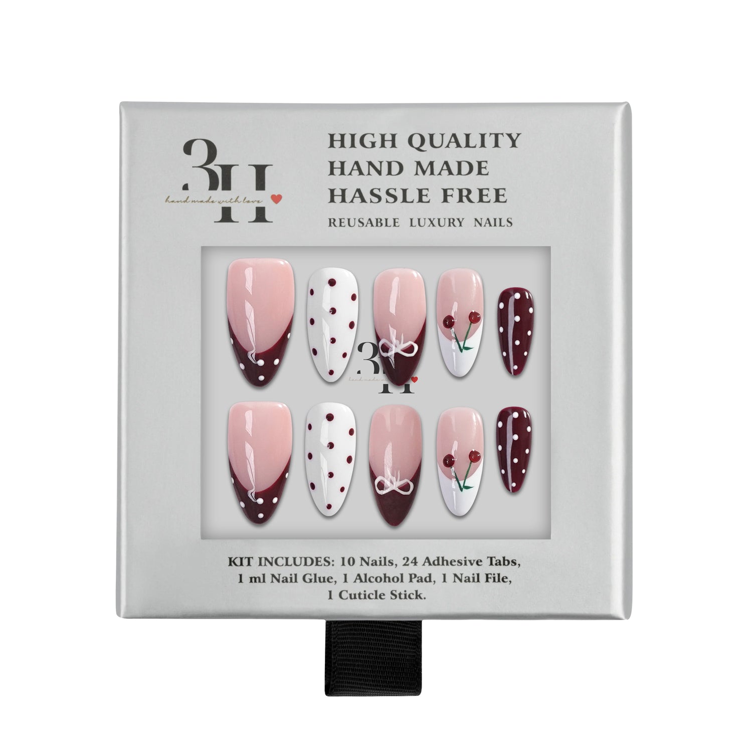 Handmade press-on nails with cherry cola design from 3H Nails, featuring a glossy red and black nail art style.
