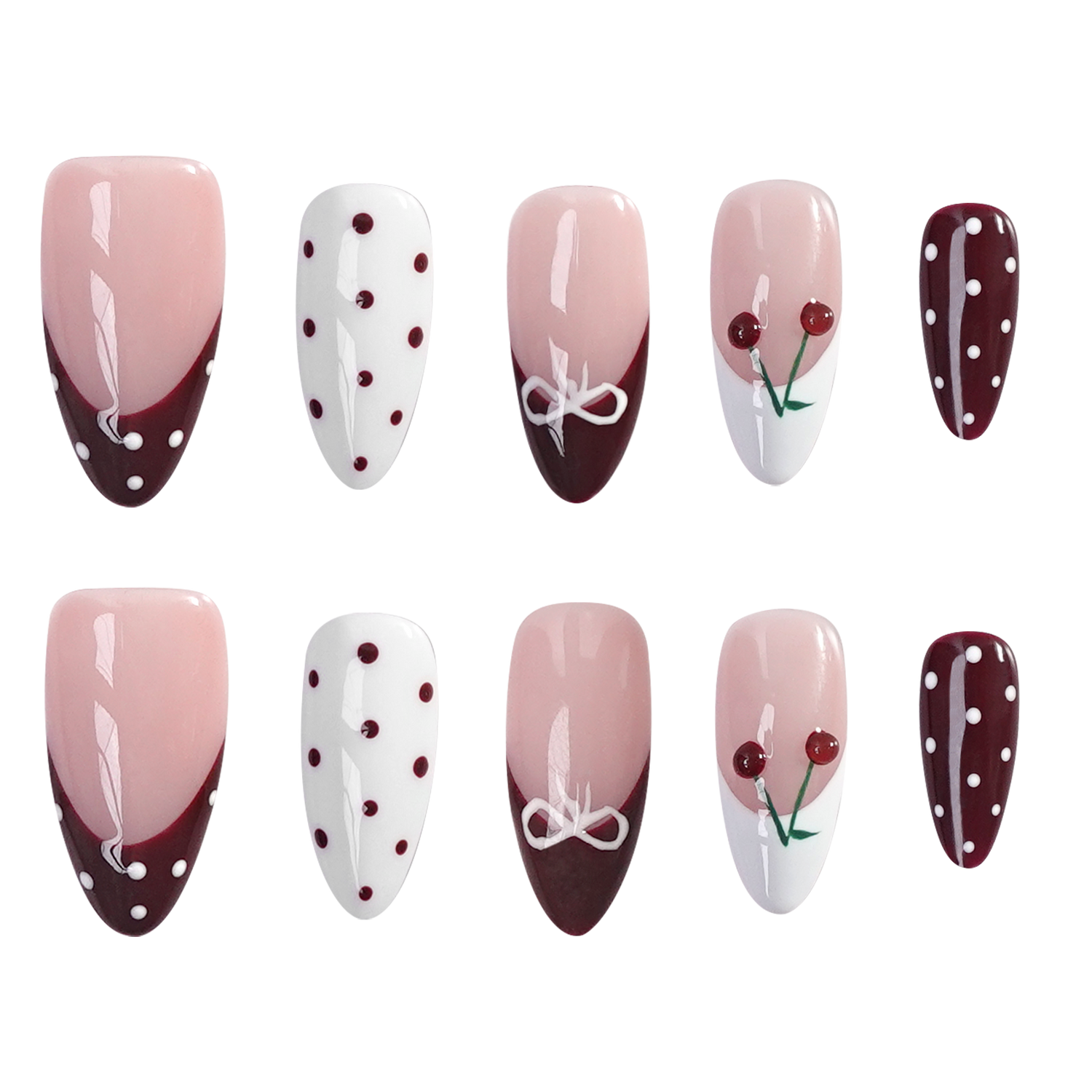 Ten almond-shaped press-on nails arranged in two rows of five on a plain white background. The nails feature various designs: pink-to-white gradient with dark burgundy tips, white with burgundy dots, white with a white bow motif, pink-to-white gradient with cherry details, and dark burgundy with white dots.