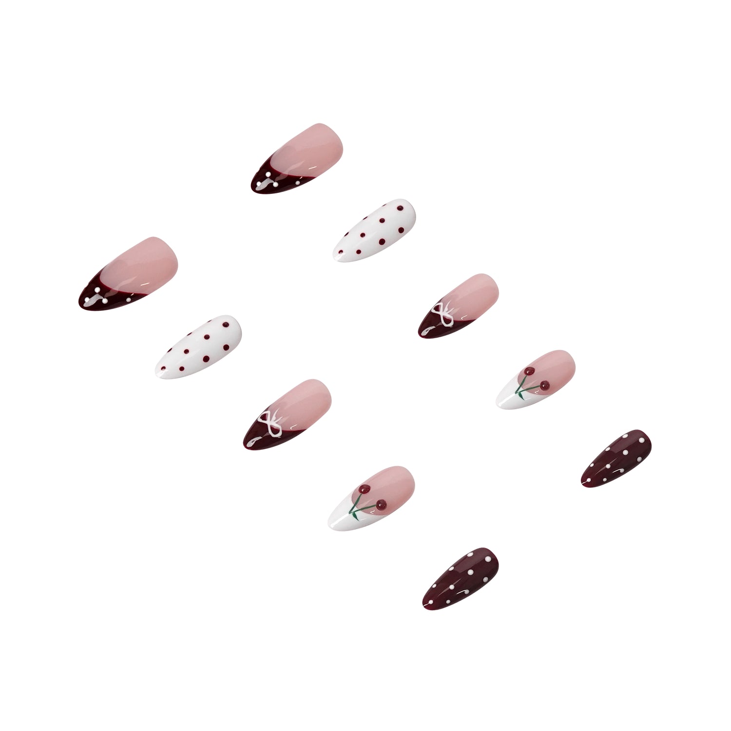 Angled view of 3H Luxury Handmade Press-on Nails in Cherry Cola by 3H Nails, showcasing the deep red, glossy nail design.