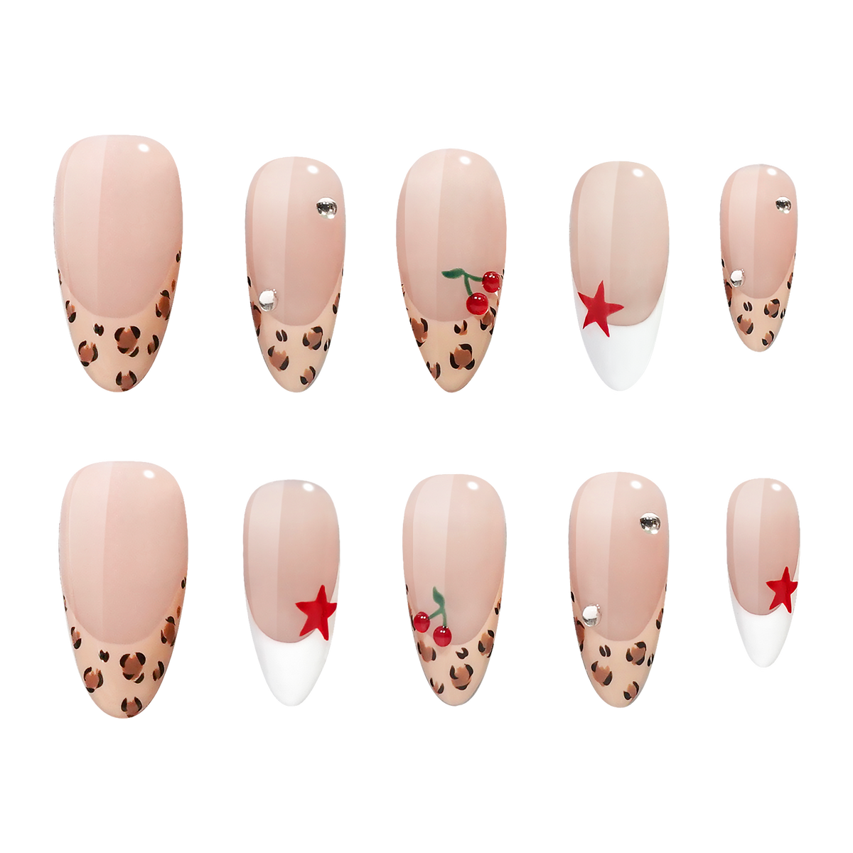 Atlanta medium almond press-on nails by 3H Nails, featuring a nude base with leopard-print tips, white French accents, red stars, cherries, and rhinestones.