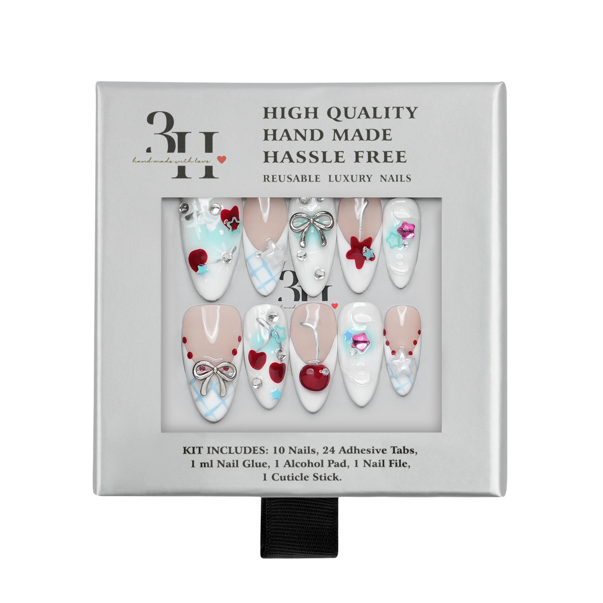 Chicago medium almond press-on nails by 3H Nails, featuring nude and white tones with blue accents, silver bows, stars, cherries, and rhinestones, displayed in 3H Nails packaging.