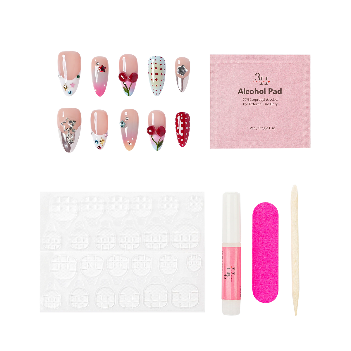 NYC medium almond press-on nails by 3H Nails, featuring mixed nude, red, pink, blue, and silver designs with cherries, polka dots, stars, and rhinestones, shown with the included application kit.