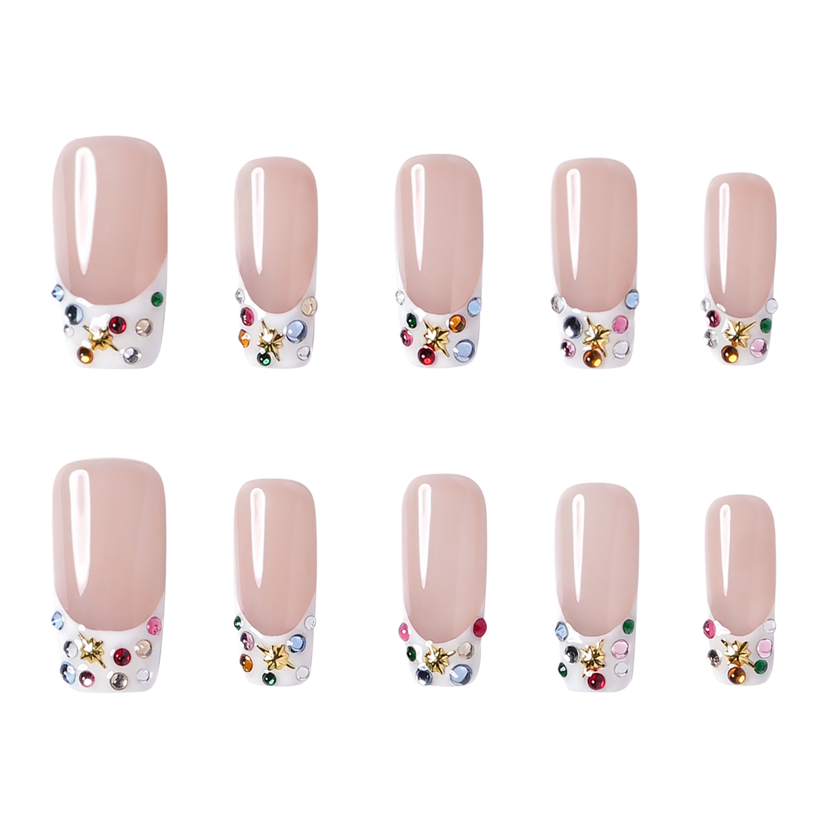 Las Vegas medium square press-on nails by 3H Nails, featuring a nude base with white French tips, multicolor rhinestones, and gold star accents.