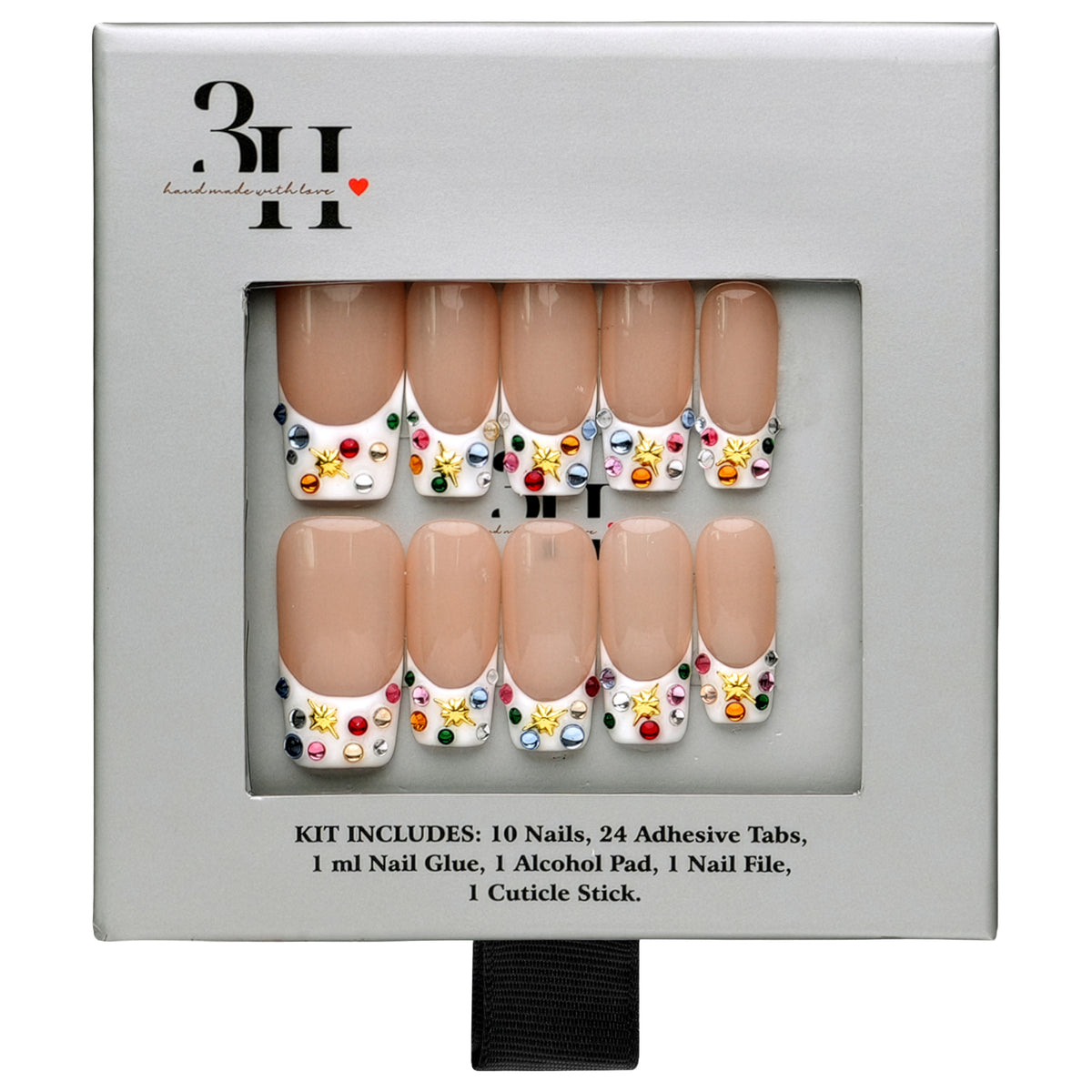 Las Vegas medium square press-on nails by 3H Nails, featuring a nude base with white French tips, multicolor rhinestones, and gold star accents, displayed in 3H Nails packaging.