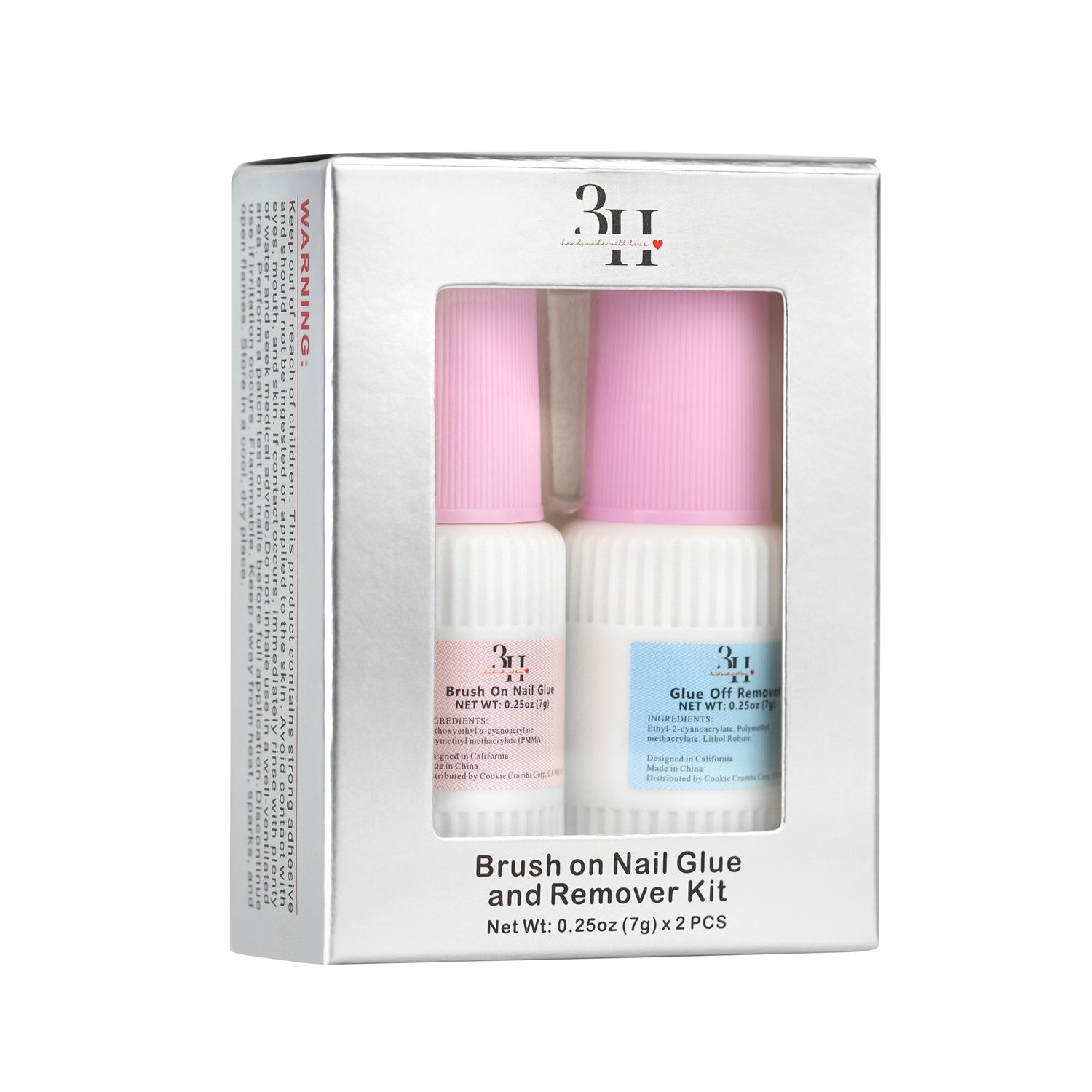 3H Nails brush-on nail glue and removal kit with applicator brush and removal tools for secure nail enhancements.