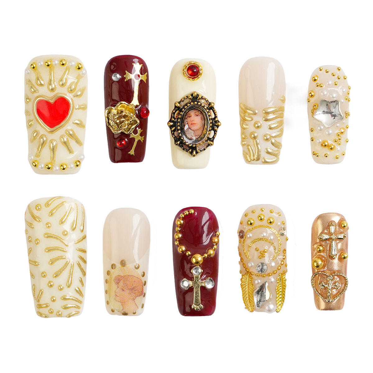 Gilded Relic long square press-on nails in burgundy, ivory and metallic gold with ornate vintage-inspired heart, cross, cameo and gem details.