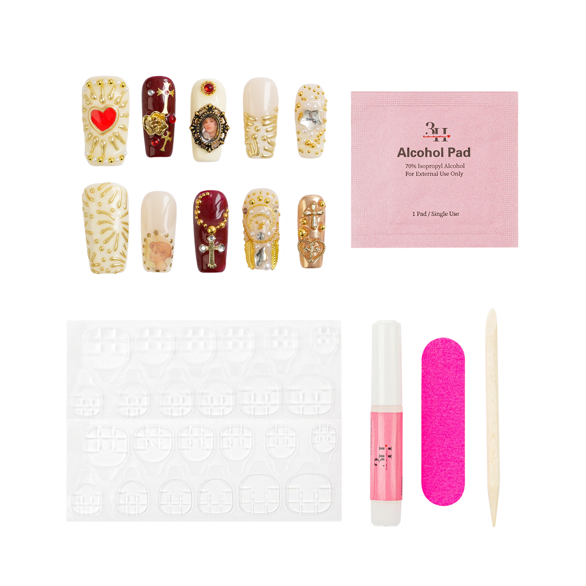 Gilded Relic reusable long square press-on nail set with burgundy, ivory and metallic gold vintage-inspired nail art.