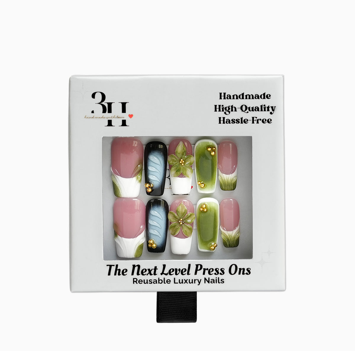 Orchid Dreams retail packaging showing the 3H Nails long square floral press-on nail set.