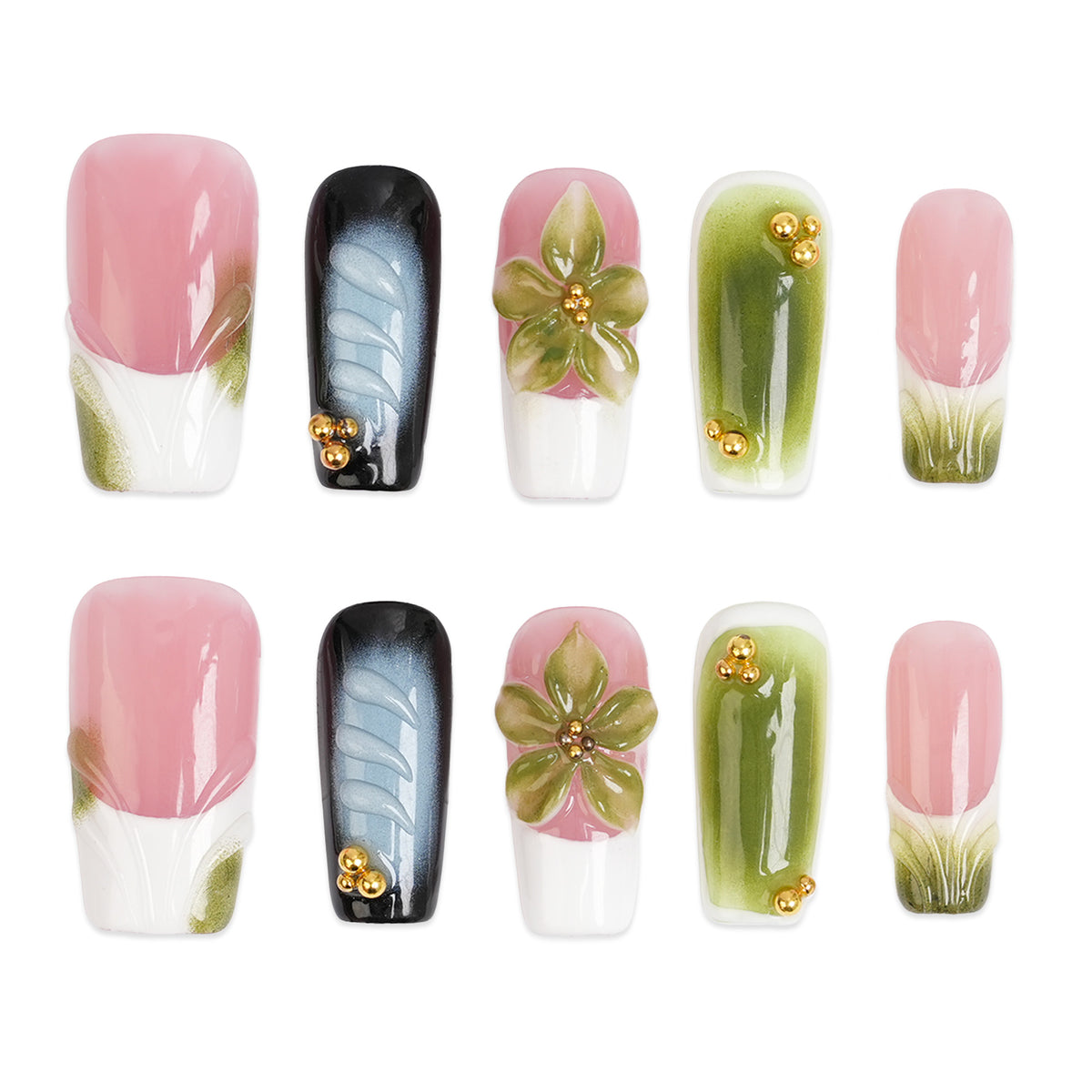 Orchid Dreams long square press-on nail set with pink and white French tips, raised green flowers, blue and black accents, and gold details.