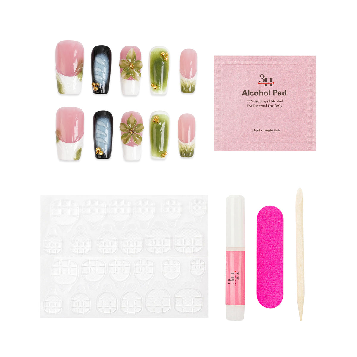 Orchid Dreams press-on nail kit with nails, adhesive tabs, nail glue, alcohol prep pad, cuticle stick and nail file.