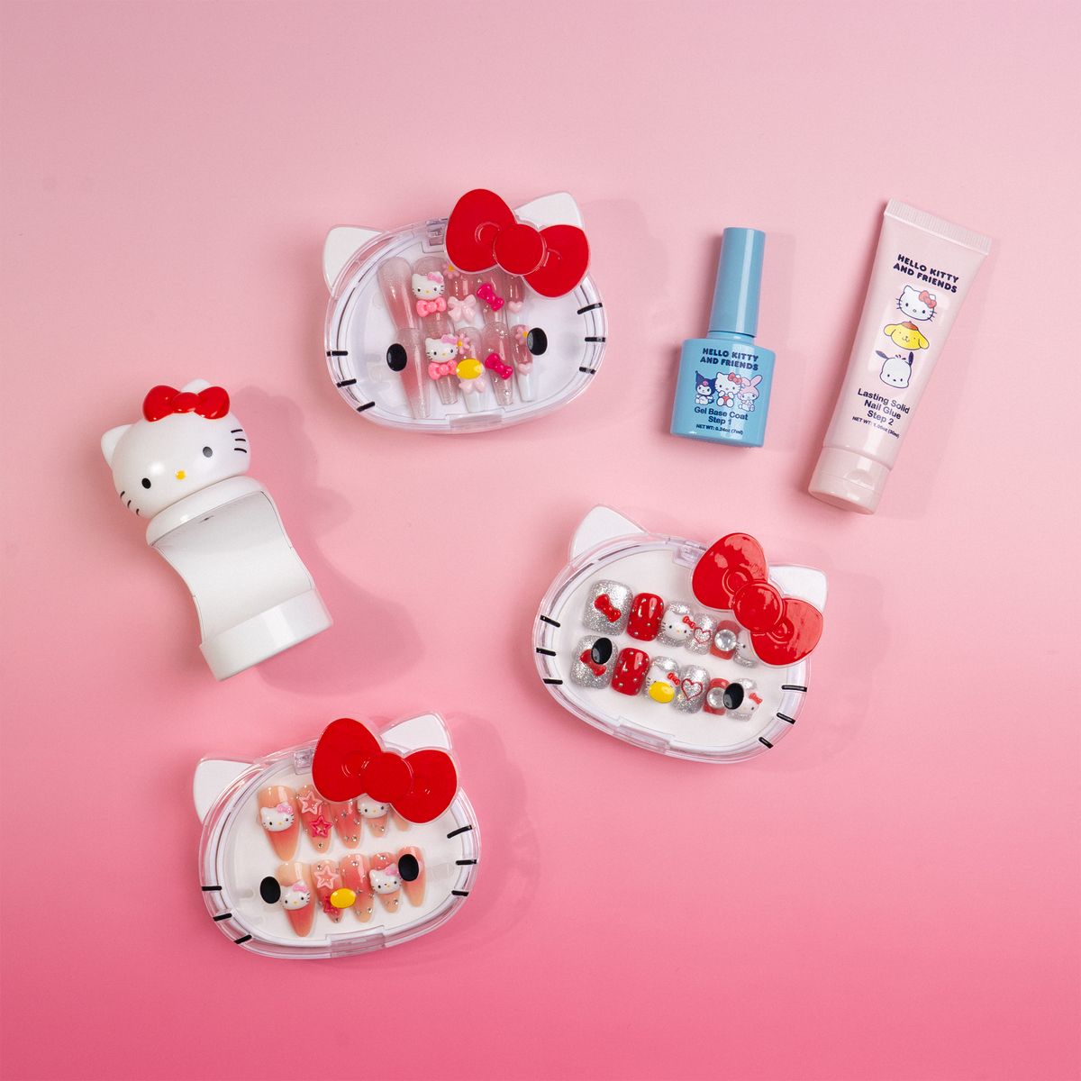Hello Kitty manicure bundle with three 3D nail sets and application essentials