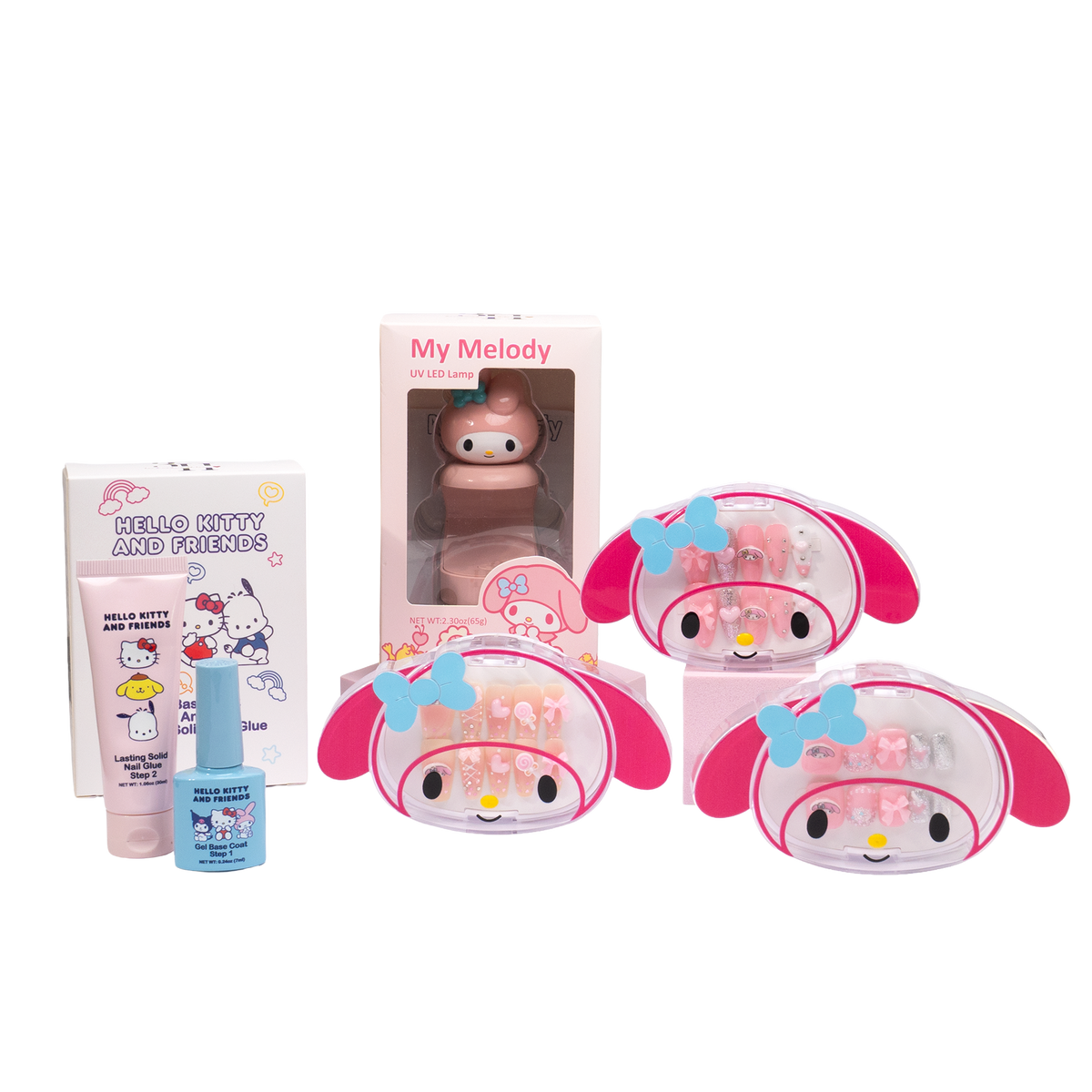 My Melody complete nail bundle with three press-on nail sets, UV LED lamp, gel base coat and solid nail glue