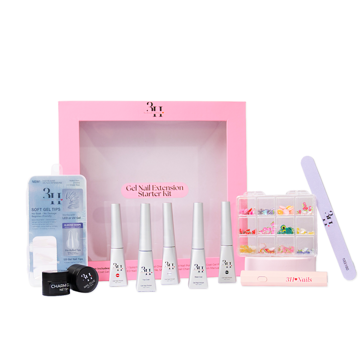 3H Nails Gel Nail Extension Starter Kit with colorful gel polishes, nail files, and tools for professional nail enhancements.