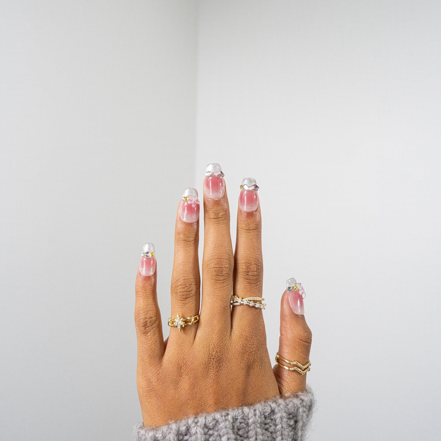 3H Luxury Handmade Press-on Nails - Pink Flower Sparkle