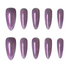 Medium almond press-on nails in Lucid Azure by 3H Nails, featuring a sleek, glossy twilight blue finish.