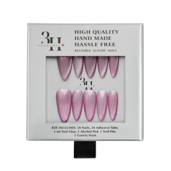 Medium almond press-on nails in Lucid Rose by 3H Nails, arranged in a box for easy application.