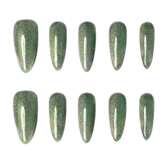 Medium almond press-on nails in Lucid Jade color from 3H Nails, showcasing the sleek, natural-looking design.