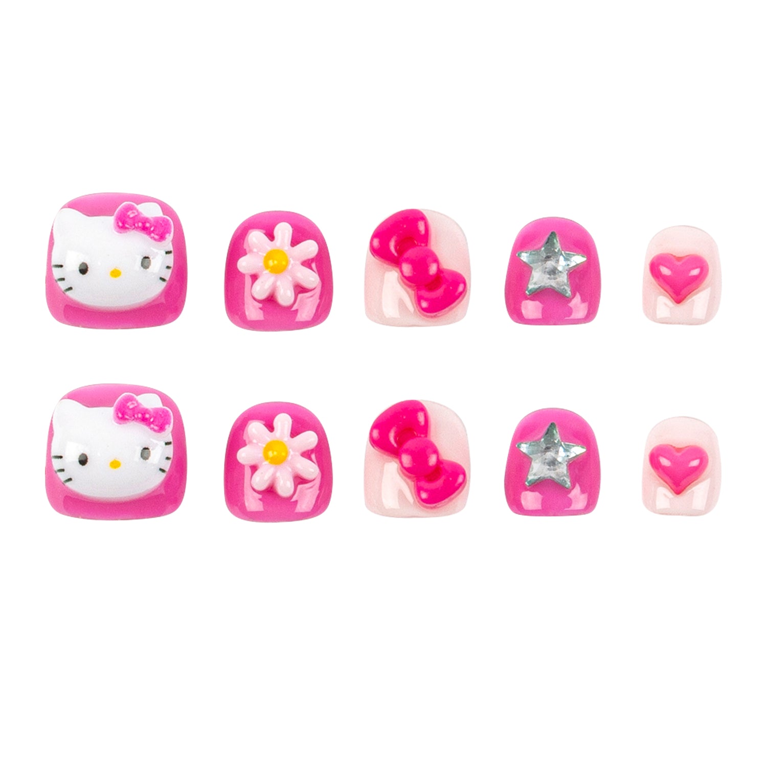 A set of ten pink and white decorative nail stickers arranged in two rows on a plain white background. The designs include Hello Kitty faces, white daisy flowers with yellow centers, pink bows, a silver star, and pink hearts.