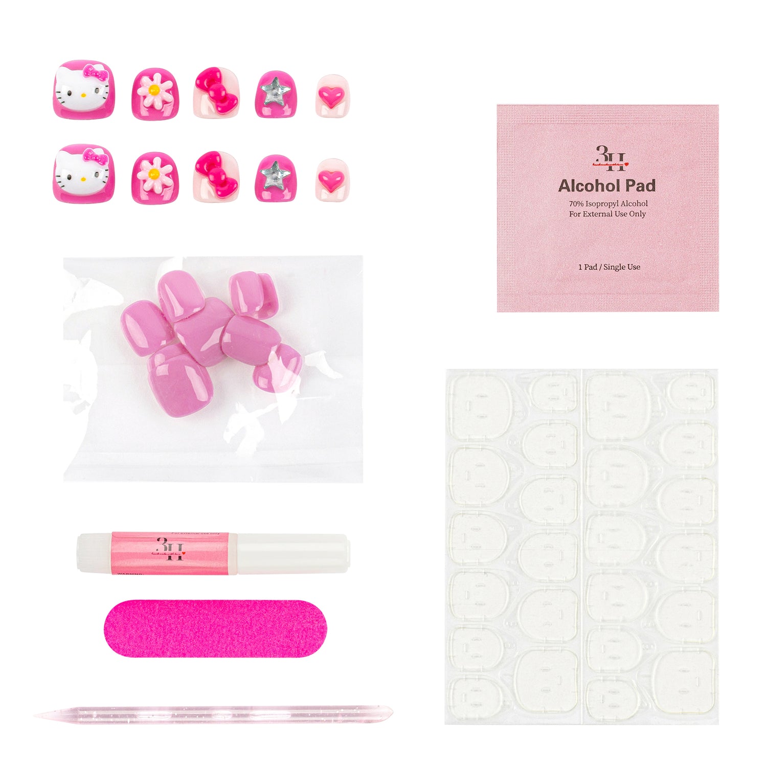 A set of pink and white Hello Kitty press-on nails with various manicure tools, including a pink nail file, an alcohol pad packet, and a nail glue tube, arranged on a white background.