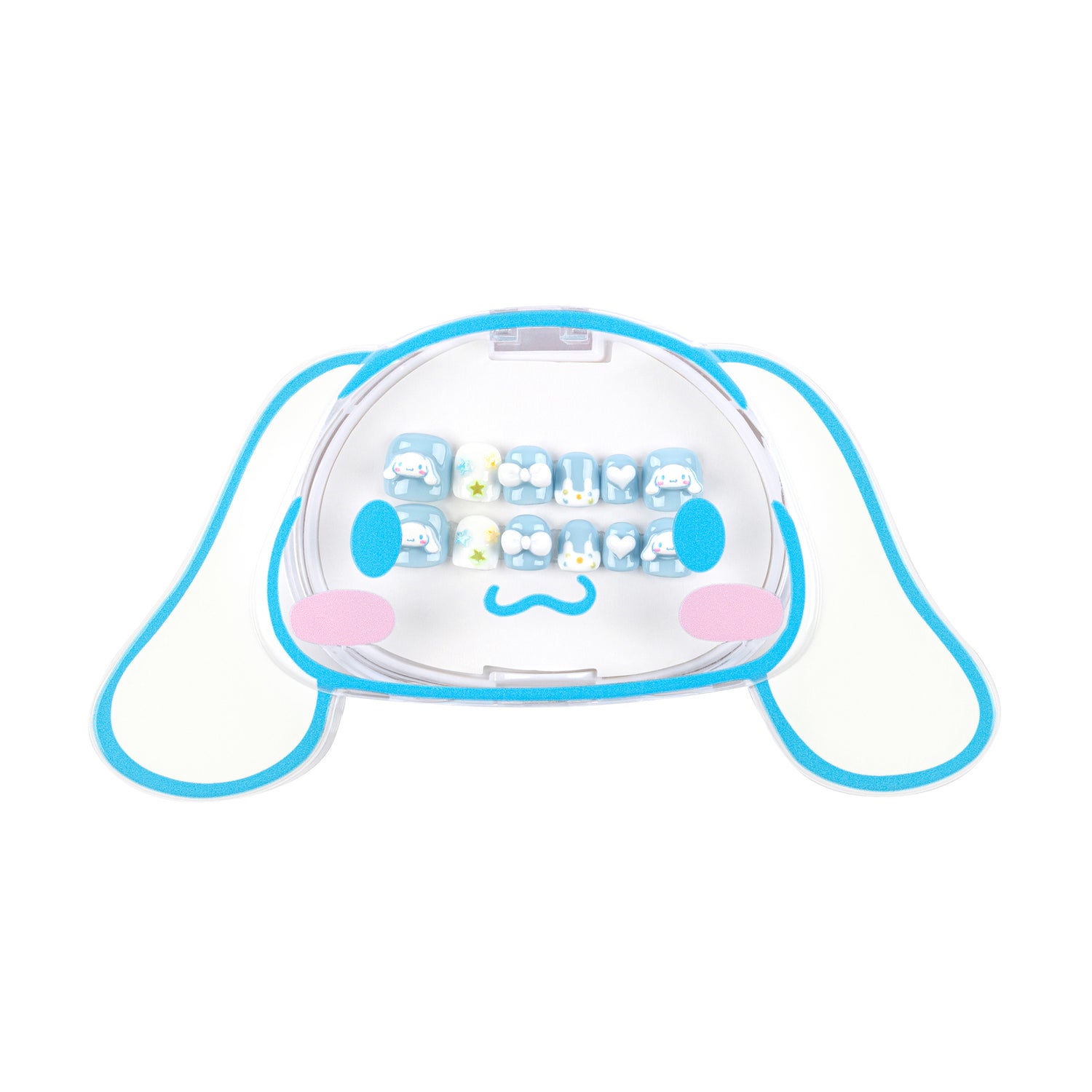 A clear plastic tooth case shaped like Sanrio Cinnamonroll character, outlined in light blue, pink cheeks, and a small blue mustache. Inside the clear top section are several small tooth-shaped items arranged in rows.