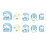 Ten square press-on nails arranged in two rows of five on a plain white background. The set includes light blue and white nails with cute cartoon bunny and bow designs, plus small star and heart details.