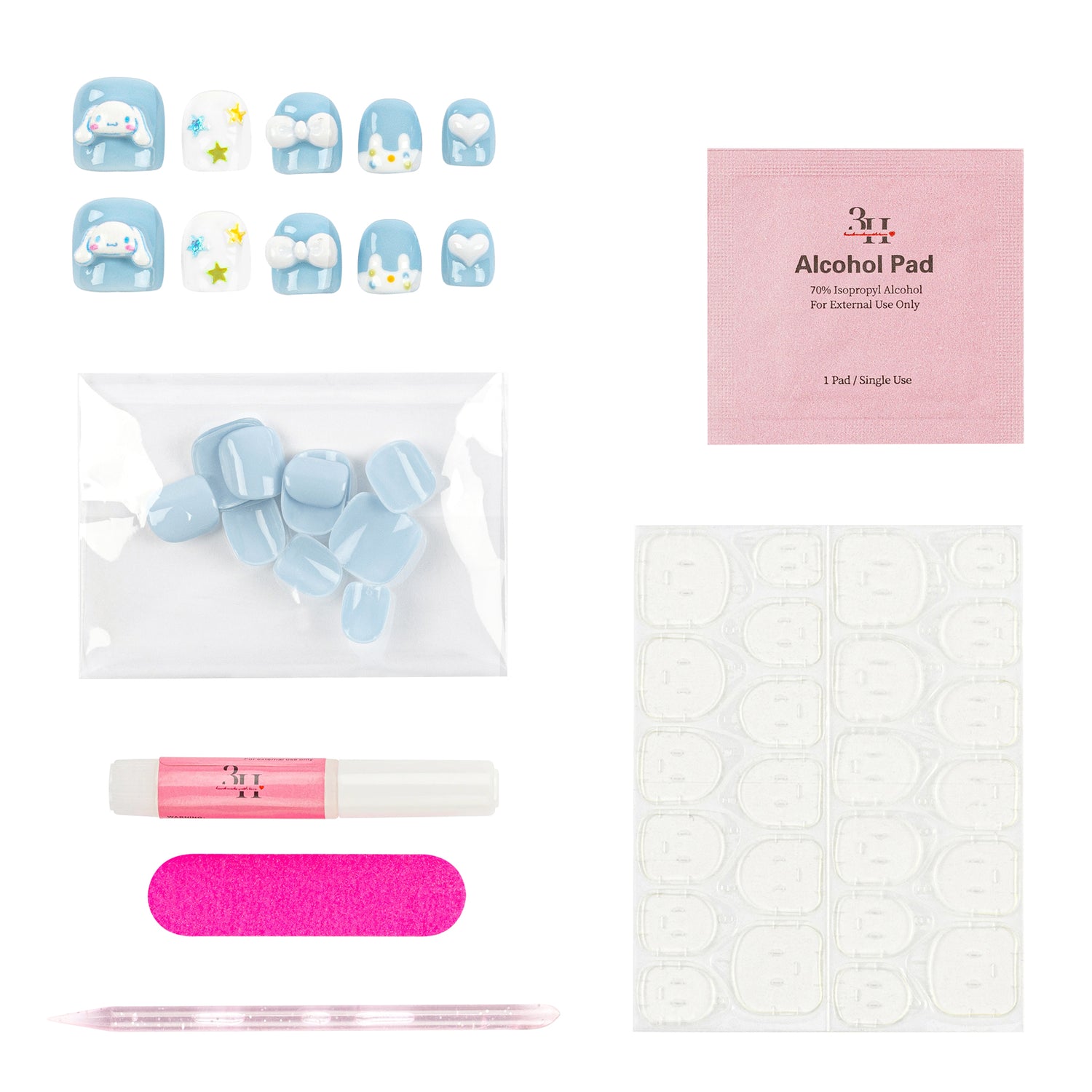A nail art kit laid out on a white background, including decorative false nails in light blue and white with pastel accents, a pink packet labeled Alcohol Pad, a clear bag of light blue nail tips, a pink-and-white glue tube, a pink nail file, and a sheet of adhesive tabs.
