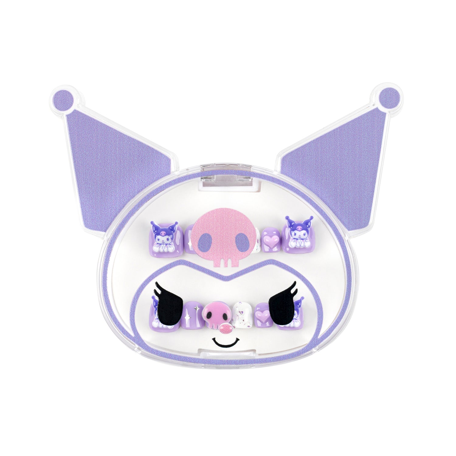 Kuromi-themed hair accessory set in a clear oval case, featuring lavender pointed ears, a pink skull, cat eyes, and small purple and pink charms on a white background.
