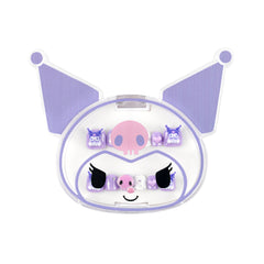 Kuromi-themed hair accessory set in a clear oval case, featuring lavender pointed ears, a pink skull, cat eyes, and small purple and pink charms on a white background.