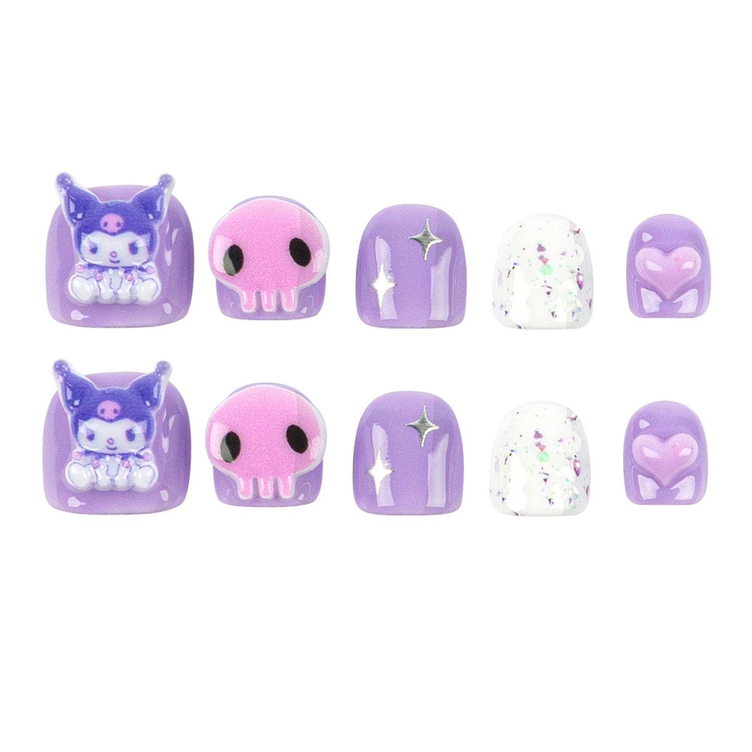 A set of 12 pastel purple and pink press-on nails arranged in two rows of six on a plain white background. The designs include Kuromi cartoon character prints, solid colors, glitter, and star details.