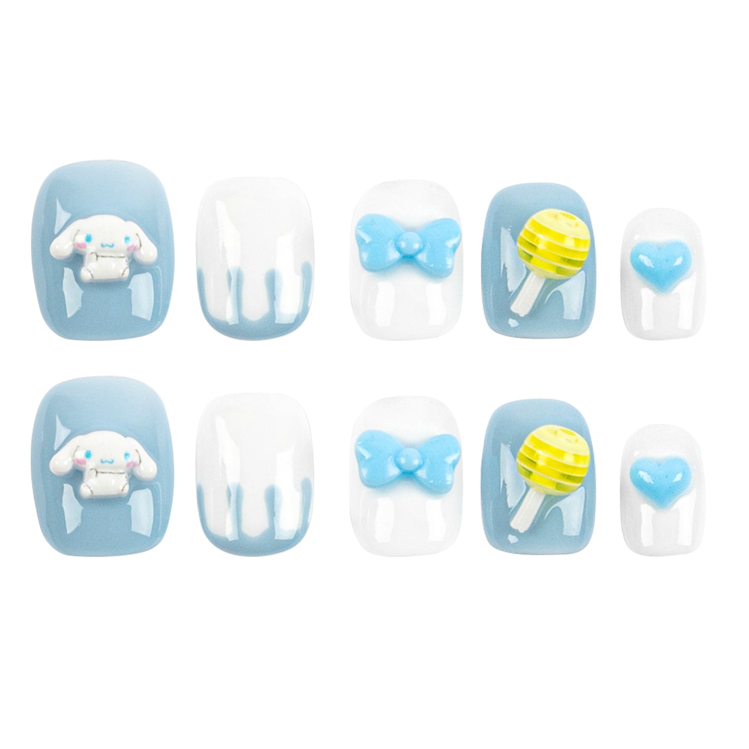 A set of ten decorative press-on nails arranged in two rows on a plain white background. The nails feature light blue and white candy-themed designs, including a Cinnamoroll cartoon character, bows, a lollipop, and a heart.