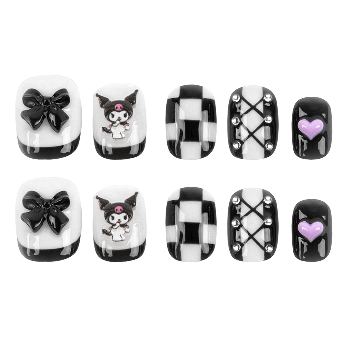 A set of ten black and white decorative press-on nails arranged in two rows of five on a plain white background. The designs include glossy black bows, a Kuromi cartoon character, checkerboard patterns, silver rhinestone accents, and a small purple heart.