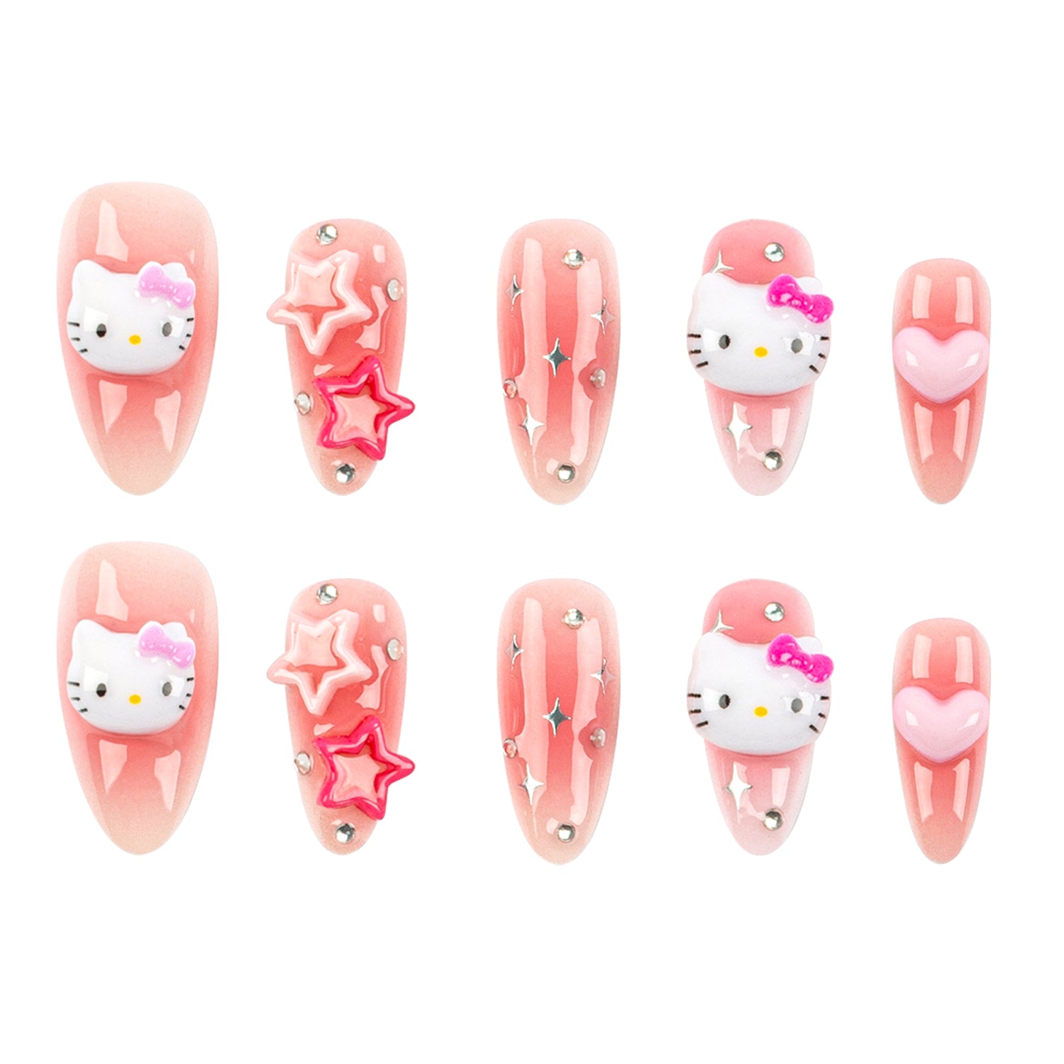 Ten pink press-on nails arranged in two rows on a white background, featuring Hello Kitty faces, pink stars, and heart designs.