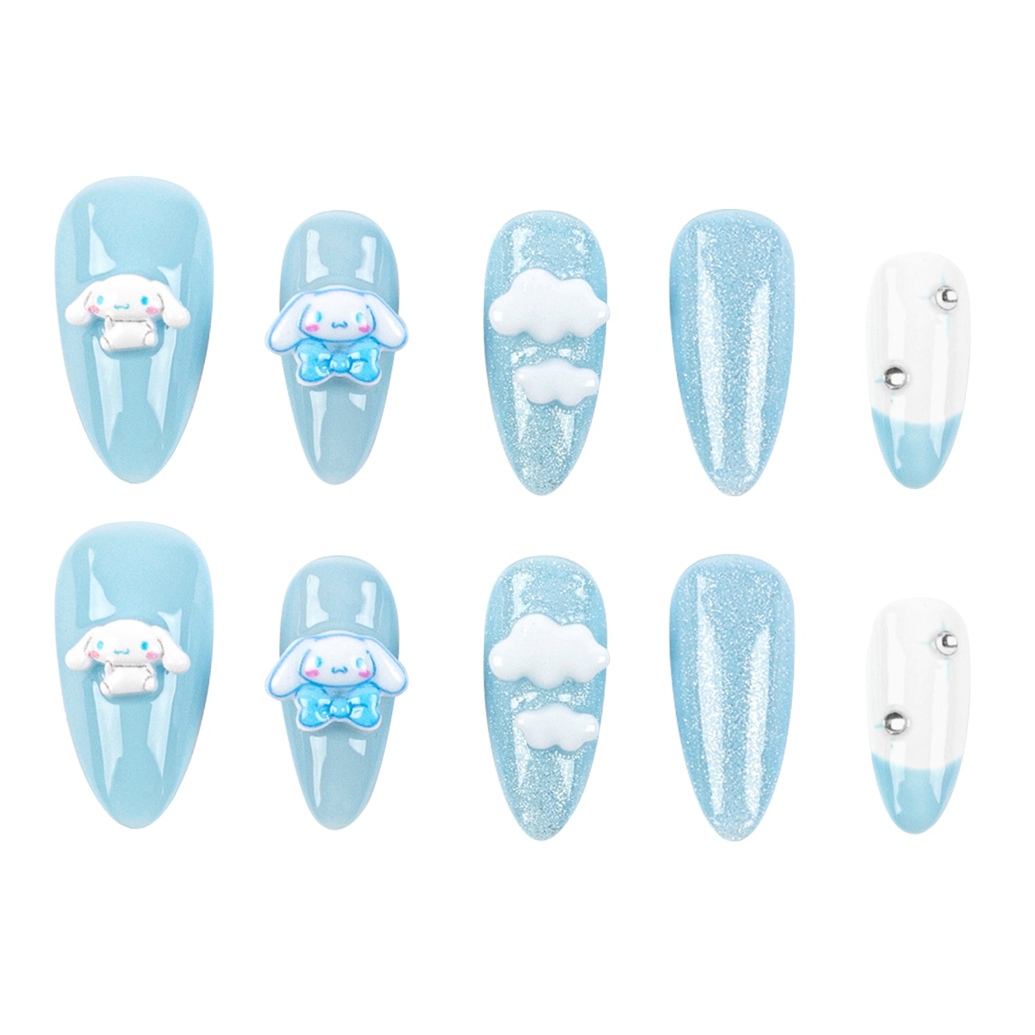 A set of ten press-on nails arranged in two rows of five on a plain white background. The nails feature a light blue and white theme with three cartoon character designs (Cinnamoroll), white clouds, glitter effects, and rhinestone accents.