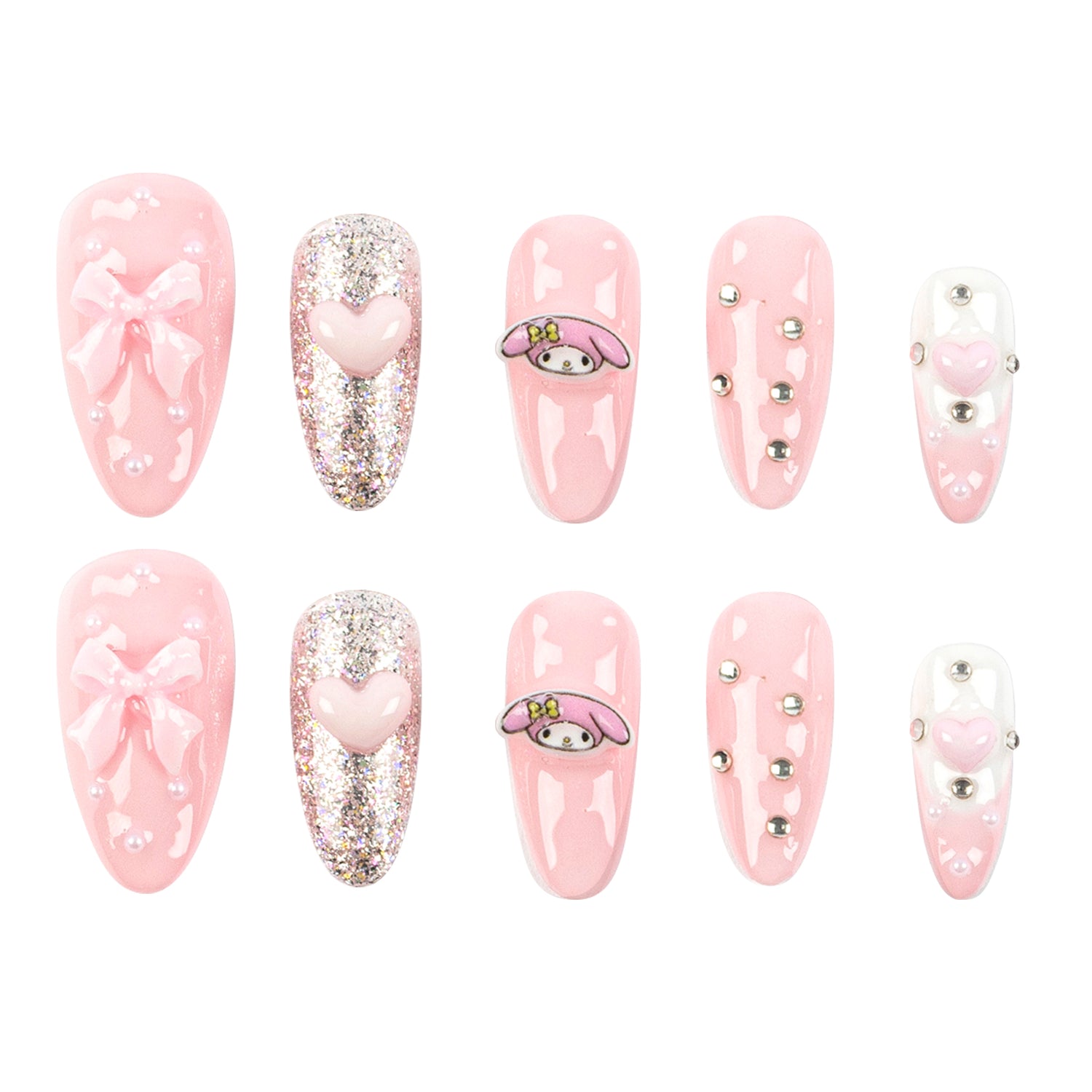 A set of 10 pink press-on nails arranged in two rows of five on a plain white background. The designs include glossy pink nails with bows, glittery pink nails with hearts, a pink-and-white cartoon character (My Melody) nail, silver rhinestone accents, and a white nail with a pink heart.