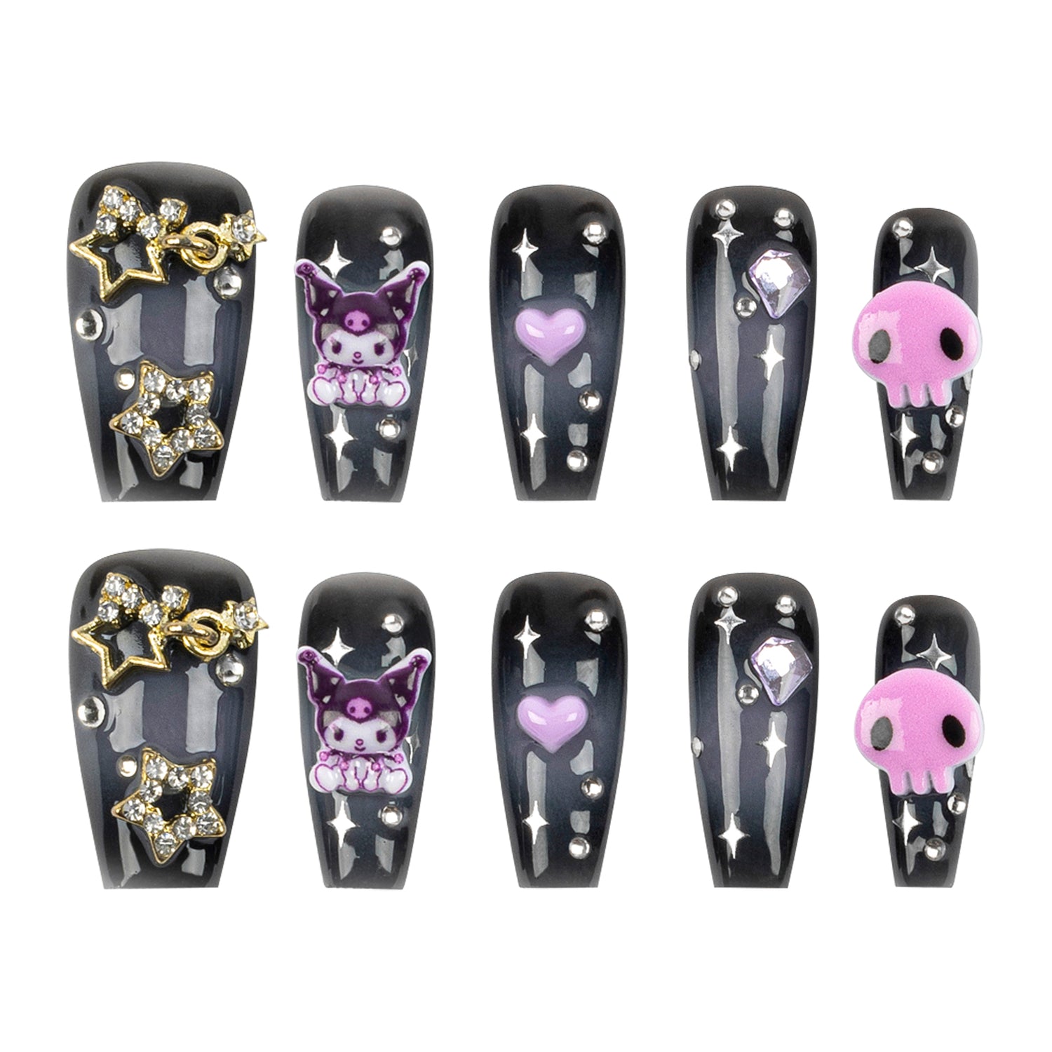 A set of ten coffin-shaped press-on nails arranged in two rows of five on a plain white background. The nails are glossy black with silver glitter stripes, silver rhinestone accents, and various decorative charms including gold stars, a purple Kuromi cartoon character, a purple heart, and a pink skull.
