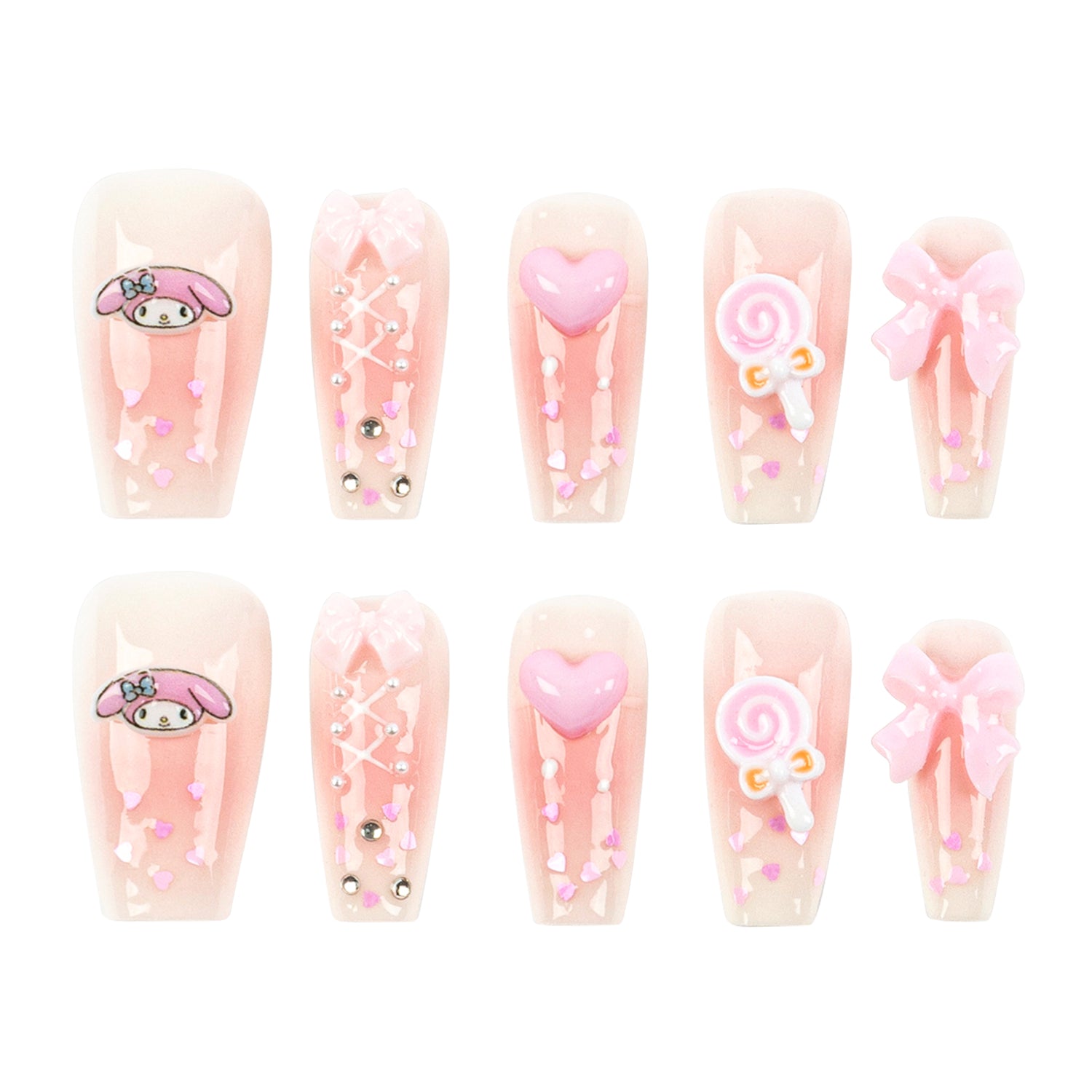 A set of ten coffin-shaped press-on nails arranged in two rows of five on a plain white background. The nails have a pale pink base with various cute decorations including a pink My Melody cartoon character, hearts, bows, and a lollipop motif.