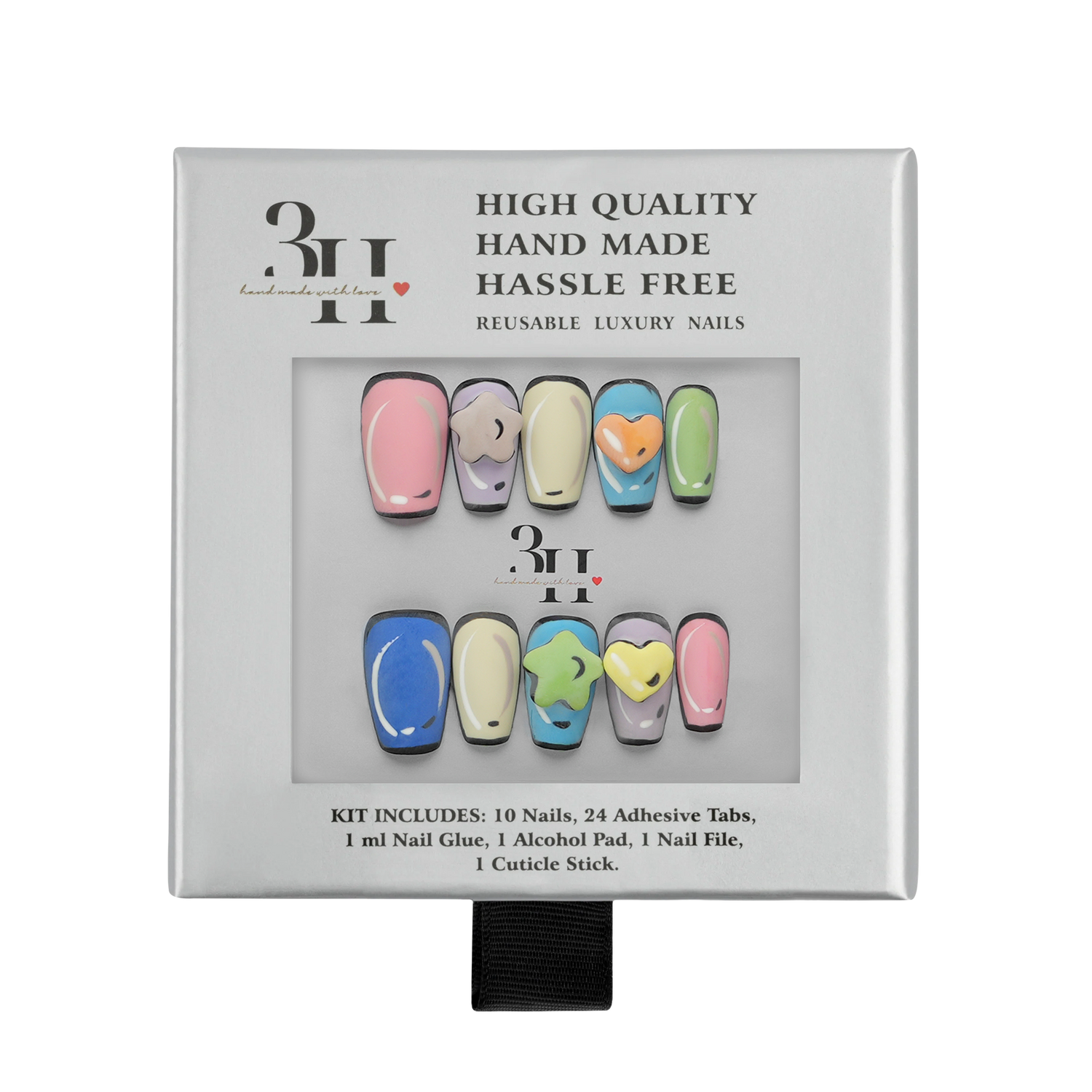 Medium square press-on nails with colorful charm designs by 3H Nails, displayed in a box with multiple nail tips.