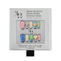 Medium square press-on nails with colorful charm designs by 3H Nails, displayed in a box with multiple nail tips.