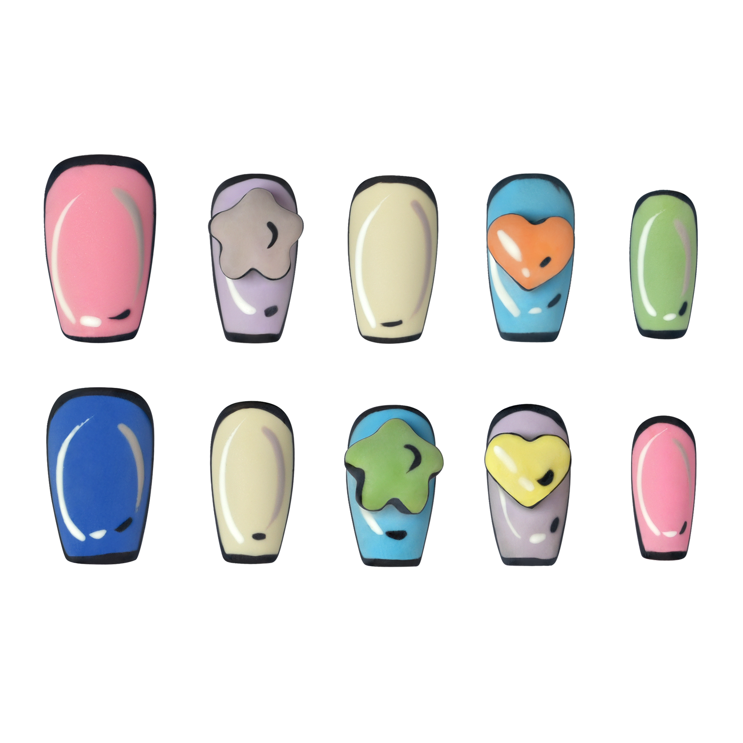 Medium square press-on nails with colorful charm designs by 3H Nails, showcasing vibrant nail art and trendy style.