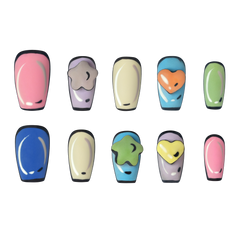 Medium square press-on nails with colorful charm designs by 3H Nails, showcasing vibrant nail art and trendy style.